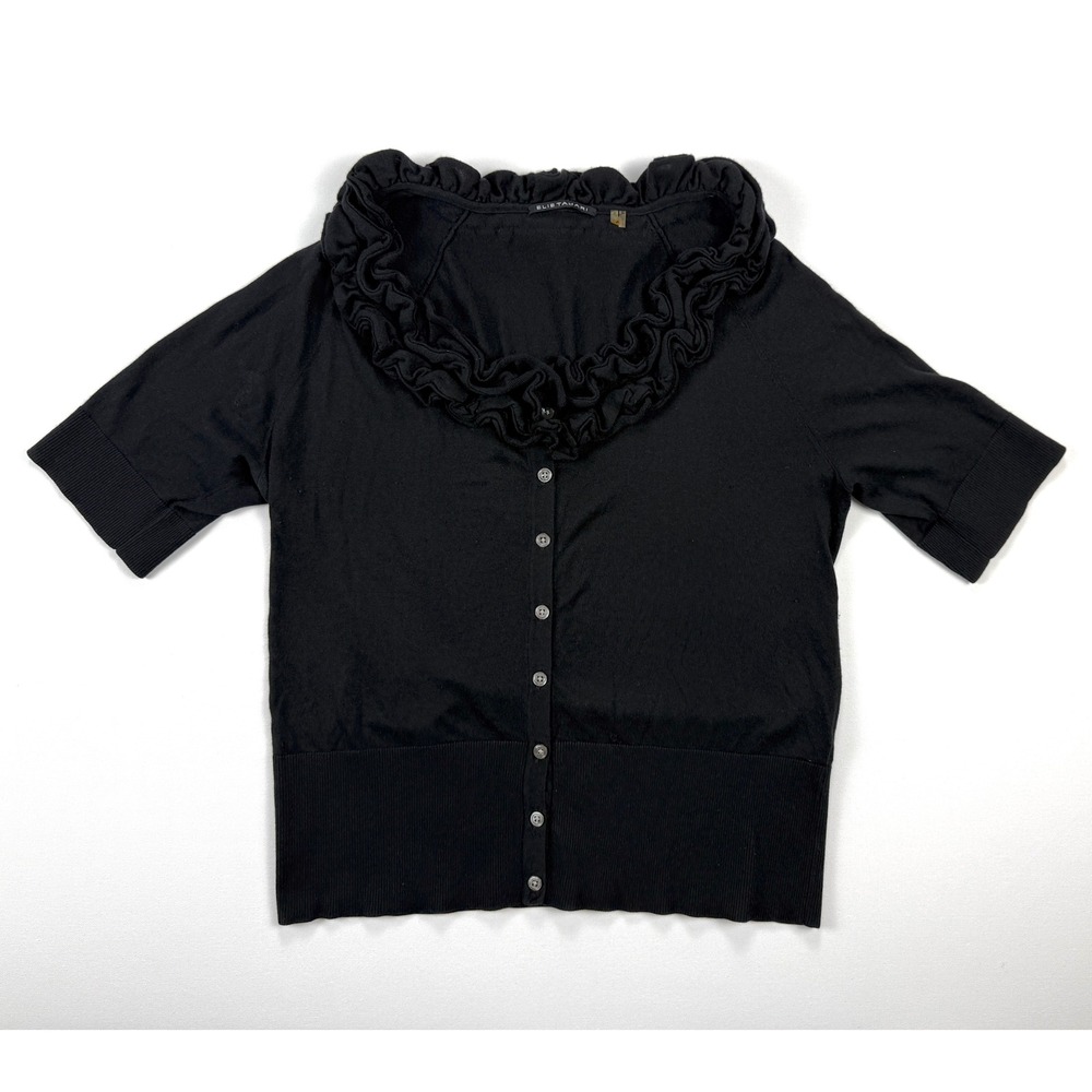 Elie Tahari Womens L Black Silk Cashmere Ruffle Neck Button Cardigan #1914 - Picture 2 of 8
